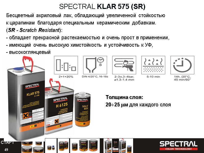 49 SPECTRAL KLAR 575 (SR) Бесцветный акриловый лак, обладающий увеличенной стойкостью  к царапинам